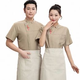 restaurant Kitchen Uniform Food Service Cooking Clothes Women Men Cook Hotel Waiter Overalls Food Service Short Sleeve Shirt X0Dz#