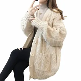 korean V-neck Thicken Cardigan Causal Loose Sweater Women fall Winter Single Breasted Knitwear Coat Lg Sleeve Warm Knit Tops 08oI#