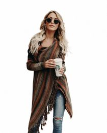 women Lg Sleeve Loose Scarf Collar Striped Tassels Sweater Cardigan England Style Shawl Coat Fi Streetwear Pcho Sweater t1ZB#