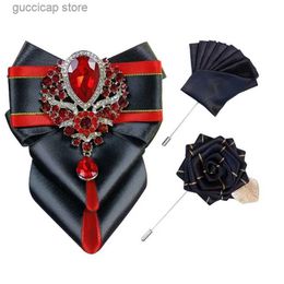 Bow Ties Bow Tie Set Original Jewellery Gift Business Formal Dress Collar Flowers Mens Wedding Rhinestone Bow-tie Brooch Pocket Towel 3pcs Y240329