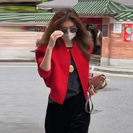 Red Baseball Uniform Coats Women Autumn Winter Round Neck Short Jacket Single Breasted Fashion Casual Korean Loose Outwear 240319