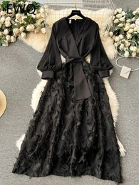 EWQ Sweet Style Womens Dress Puff Long Sleeve Fake Two Piece Patchwork High Waist Aline Vestidos Winter Spring SN5151 240329