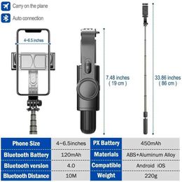 Selfie Monopods Roreta L08 Bluetooth Selfie Stick Handheld Gimbal Stabilizer Mobile Phone holder Monopod Holder Adjustable Wireless Tripod 24329