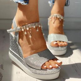 Sandals Tops Women Ladies Wedge Platforms Summer Leather Fish Mouth Crystal Pearl High Heels Stylish Wedding Shoes