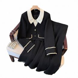 150kg Plus Size Women's Bust 150 Autumn New Small Fragrant Top Coat And Skirt Two Piece Set Black 5XL 6XL 7XL 8XL 9XL k96p#