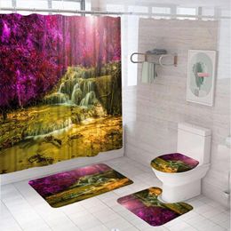 Shower Curtains Forest Waterfall Curtain Tree Jungle Rainforest Lake Nature Landscape Bathroom With Bath Mat Rug Toilet Lid Cover