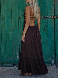 Casual Dresses Womens Summer Boho Cami Maxi Dress Bohemian Low Cut Halter Neck Ruffle Trim A Line Flowy Oversized Slip Long