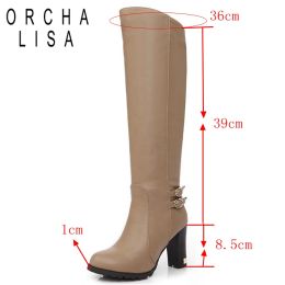 ORCHA LISA Women Winter Thick Fur Knee High Heel PU Leather Ridding Boots Zipper Long Chunky Heels Botas Feminina Black Brown