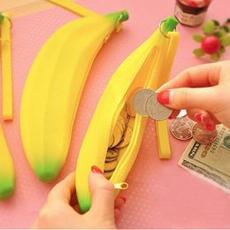 Novelty Yellow Banana Silicone Pencil Case Stationery Storage Pencil Bag Dual Coin Purse Key Wallet Promotional Gift Stationery