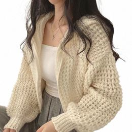 hooded Cardigan Sweater for Women Lg Sleeve Zip Up Knitted Crop Sweater Autumn Winter W6Th#