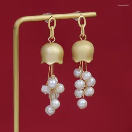 Dangle Earrings Vintage Fashion Natural Pearl Blue Bell Flower Design Pendant Women 2024 Korean Girls Jewellery Accessories