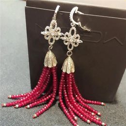 Dangle Earrings Natural Red Jade Round Beads Silver Colour Plated CZ Stud For Women Ethnic Style