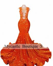 orange Luxury Lace Appliques Sequin Prom Dres 2024 For Black Girl Crystal Mermaid Evening Dr Formal Party Gowns D9sH#