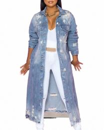 ripped Raw Hem Butt Frt Lgline Denim Coat Women Cardigan Breasted Holes Jackets Pockets High Street Outerwear Autumn c74O#