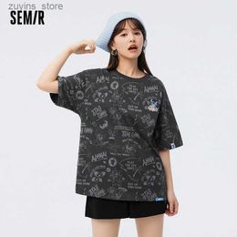 Women's T-Shirt Semir 2024 Short-Sleeved T-Shirt Stitch Series Women All-Over Printed Cotton New Loose Summer Wear Trend24329