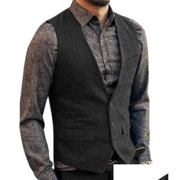 Men'S Vests Mens Suit Vest Wool Herringbone Vintage T Casual Formal Business Waistcoat For Wedding Groomsmen Green/Black/Grey Drop Del Dhzjs