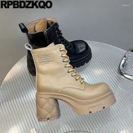 Boots Plush Side Zip High Heels Letter Fur Combat Shoes Women Round Toe Ankle Brand Cow Leather Lace Up Army Military Chunky