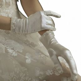 wedding Bridal Satin Short Gloves Pearl Beaded Prom Mittens H6cc#