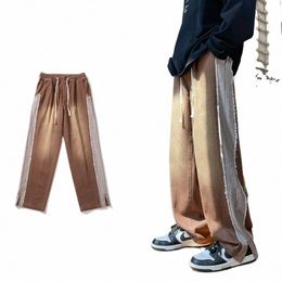 2024 Spring New Baggy Jeans for Men with Patchwork Raw Edge Design Streetwear Denim Wide Leg Pants Straight Trousers Brown T7YV#