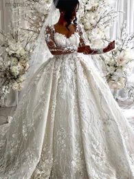 Urban Sexy Dresses Luxury Ivory Wedding Arabic 3D Floral Illusion Long Sleeves O- neck Button Back Bridal Gowns Vestidos De Novia yq240329