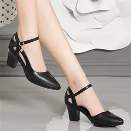 Dress Shoes Women Pointed Toe Pumps Solid Color Sandals Female Summer Baotou One-word Buckle Thick Heel Ladies Comfortable Shoe