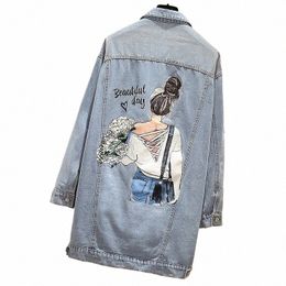 plus Size 5XL Denim Jackets For Women printing Turn-down Collar Casual Lg Loose Single Breasted Blue Jeans Coat 86bD#