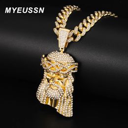 Hip Hop Jesus Pendant Necklace Men Ice Out Paved Full Shining Crystal Jesus Head Face Gold Color Charm Cuban Necklace Jewelry 240315