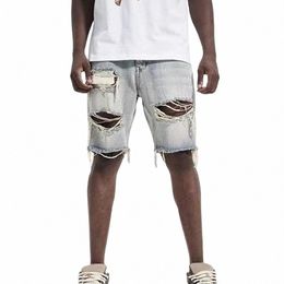 men Summer Distred Cargo Butt Zipper Fly Short Jeans Straight Fit Ripped Holes Knee Length Distred Male Denim Shorts M6Sp#