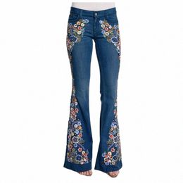 spring Women Plus Size Multicolor Boho Floral Embroidery Lg Flare Jeans 3XL 4XL Highstreet Wide Leg Bell-bottom Denim Pants v0SW#