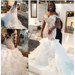 Newafricano mangas compridas vestidos de renda sereia ilusão babados feito sob encomenda plus size vestido de noiva de casamento novia