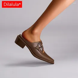 Slippers Dilalula Pointed Metal Belt Buckle Thick Mid Heel Women's Shoes Wrapped Half Large