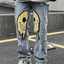 Men's Jeans Irregular tear hole jeans denim pants childrens straight splicing work bag boyfriend y2k punk Kpop Harajuku street clothing hip-hopL2403