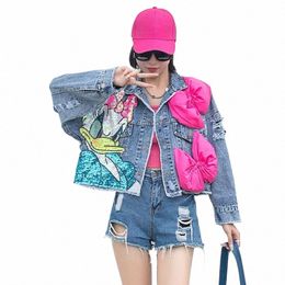 2023 New Women Coat Carto Sticker Embroidered Sequin Short Denim Jacket Loose Bowknot Top l2VV#