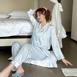 Home Clothing Blue Print Sleepwear Pijamas Suit Spring Autumn Female 2PCS Pyjamas Set Long Sleeve Trouser Satin Wear