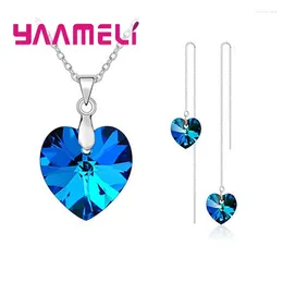 Necklace Earrings Set Romantic Crystal Ocean Heart 925 Sterling Silver Pendant Earring Jewelry Gift Long Box Chain Thread