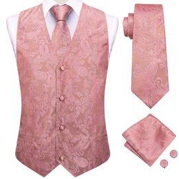 Men's Vests Hi-Tie Silk Mens Suit 4PC Woven Paisley Pink Waistcoat Tie Pocket Square Cufflink Business Wedding Dress Waist Jacket