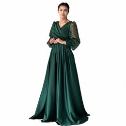 eightale Dark Green Evening Dres V-Neck Shiny Glitter Lg Sleeves Satin A-Line Party Prom Gown Vestidos De Noche J0YX#