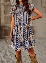 Party Dresses Bohemian Holiday Summer Dress Vintage Printed Butterfly Sleeve Knee-Length Female Casual Round Neck Pleated Loose