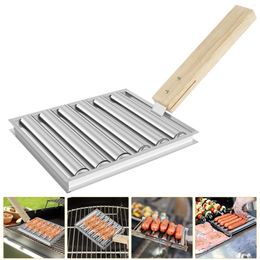 Tools Dog Roller Stainless Steel Sausage Rack With Long Wooden Handle BBQ Griller Portable Holder Grill