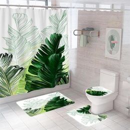 Shower Curtains Tropical Leaves Bath Curtain Mat Set Polyester Room Decor Anti-slip Carpet Waterproof Scenic With Hooks