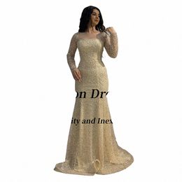 blueribb Shinny Sequins Mermaid Dres for Prom 2024 Square Neck Lg Sleeves Evening Gowns Zipper Back Dubai Party Dr Z6Ai#