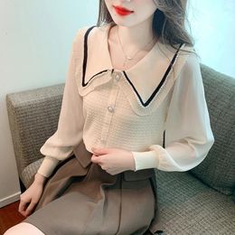 Women's Blouses 2024 Spring Korean Doll Retro Sweet Knitwear Age Reduction Chic Patchwork Chiffon Sleeve Top