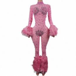 shiny Pink Mesh Transparent Jumpsuit Sexy Hairy Designe Birthday Outfit Singer Dancer Performance Costume Stage Wear Guibin L5C6#