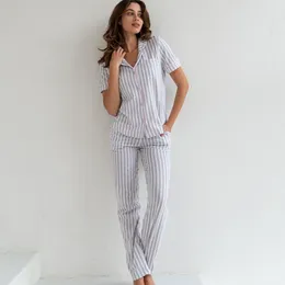 Home Clothing Women Cotton 2Pcs Loungewear Homewear Striped Pajamas Set Short Sleeve Shirt&pant Loose Pyjamas Suit Nightwear Trousers Outfit