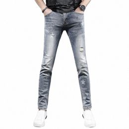 star Printed Ripped Men's Jeans 2023 Summer Casual Light Blue Slim Fit Pants Korean Style Streetwear Denim Trousers CP2193 H3Vu#