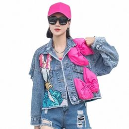 2024 New Women Denim Jacket Coat Sticker Embroidered Sequin Short Loose Bowknot Top Lady l60T#