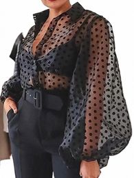 women Black Tulle Blouses Polka Dots Print Butt Down Lg Lantern Sleeve Shirt Tops Elegant Classy Plus Size Trendy Club Wear Q28p#