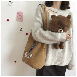 Bag Autumn Winter Women Corduroy Shoulder Lovely Bear Print Striped Canvas Handbag Eco Cloth Tote Cute Soft Bags For Ladies