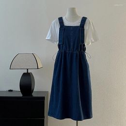Casual Dresses Sleeveless Slim Denim Loose Strap Dress 2024 Spring Summer Korean Women's High Waist Drawstring A-line