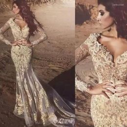 Party Dresses Long Sleeves Lace Evening Dress Mermaid Formal Dubai Charming Gold Appliques Celebrity Plus Size 2024